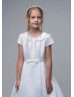 Beaded Peter Pan Collar White Satin Box Pleated Flower Girl Dress